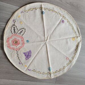 Vintage Hand-Embroidered Round Floral Tablecloth 18"